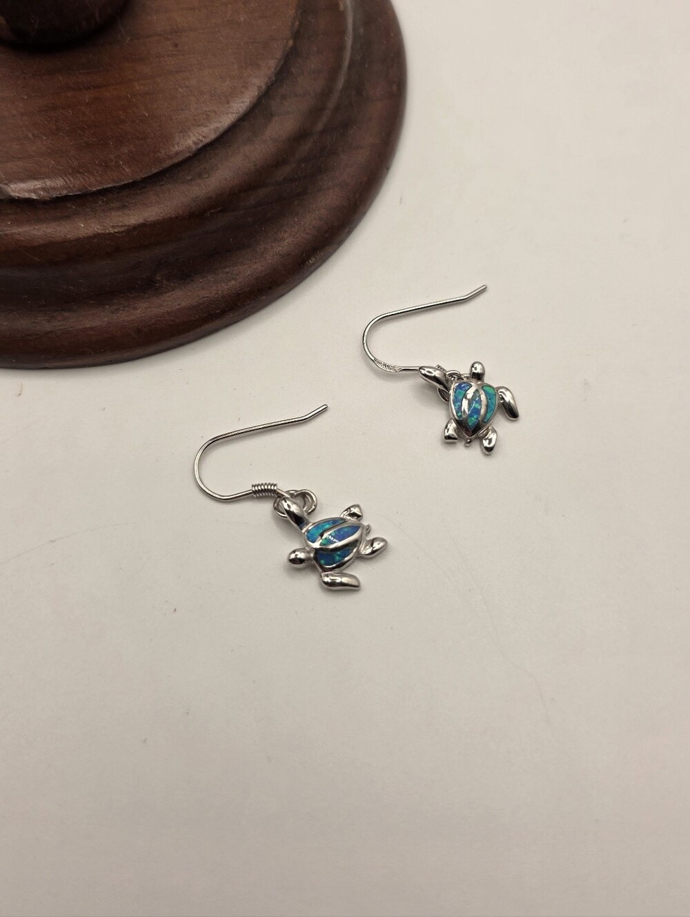 Sterling Silver Blue Fire Opal Inaly Sea Turtle Beach/ Boho Dangle Earrings 1.5"